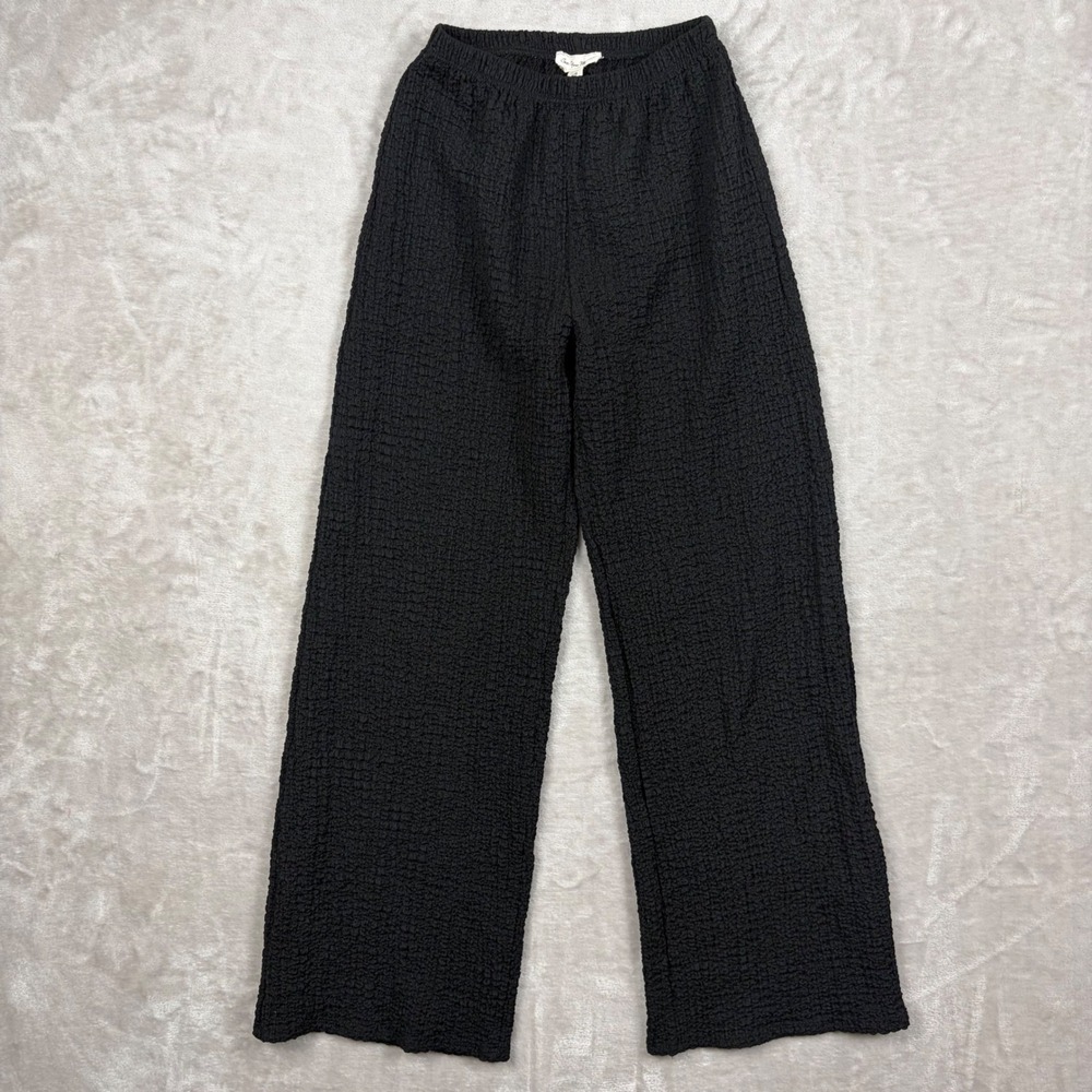 See You Monday Pants XS Black Popcorn Crinkle Wide Leg Pull On Boho Vacation